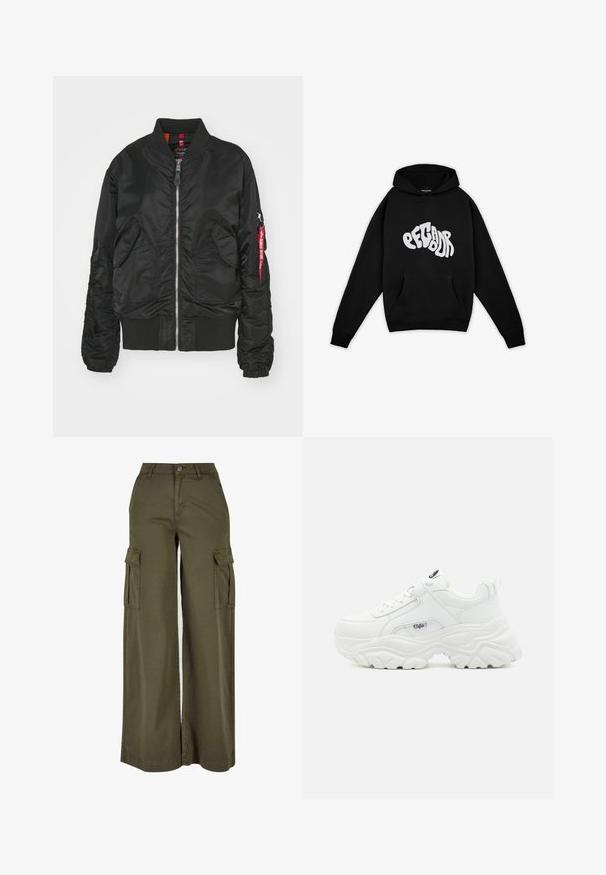 Schwarze Bomberjacke mit Frontreißverschluss, zwei vorderen Klappenentaschen, gerippten Bündchen und Saum sowie einer Reißverschlusstasche am Arm mit rotem "Remove Before Flight"-Tag.; Pegador PALUMA OVERSIZED HOODIE - Sweatshirt - black; Olivgrüne, weite Cargo-Hosen mit zwei Seitentaschen, aus einem weichen, langlebigen Stoff. Mit detaillierter Stickerei und Knopfverschluss.; Weiße klobige Sneakers mit einem glatten Lederobermaterial, abgerundetem Zehenbereich und dicker, strukturiertem Sohle mit einem sichtbaren Logo der Marke an der Seite.