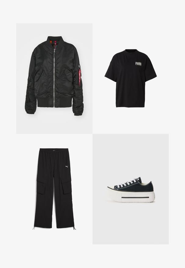 Schwarze Bomberjacke mit Frontreißverschluss, zwei vorderen Klappenentaschen, gerippten Bündchen und Saum sowie einer Reißverschlusstasche am Arm mit rotem "Remove Before Flight"-Tag.; Schwarzes übergroßes T-Shirt mit kurzen Ärmeln, Rundhalsausschnitt und weißem "PGDR"-Logo auf der oberen linken Brustseite.; Schwarze Cargo-Hosen mit weitem Bein, elastischem Bund, zwei Seitentaschen und Kordelzugsäumen. Mit einem kleinen weißen Logo.; Schwarze Canvas-Sneaker mit einer weißen Gummisohle, die eine dicke Plateausohle, weiße Schnürsenkel und kontrastierende Nähte entlang der Nähte aufweisen.