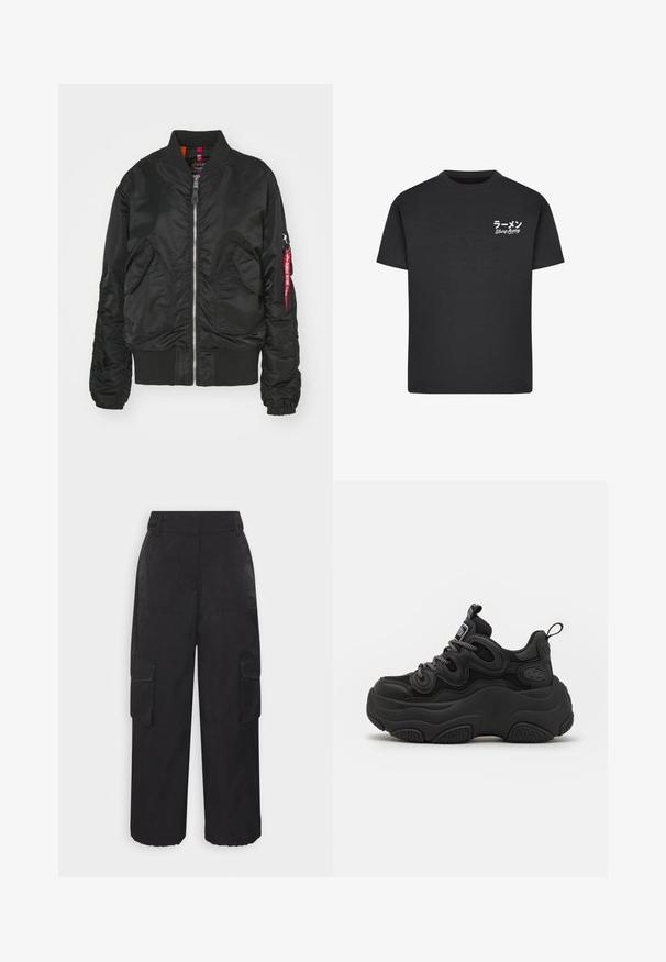 Schwarze Bomberjacke mit Frontreißverschluss, zwei vorderen Klappenentaschen, gerippten Bündchen und Saum sowie einer Reißverschlusstasche am Arm mit rotem "Remove Before Flight"-Tag.; Schwarzes Baumwoll-T-Shirt mit Rundhalsausschnitt. Mit weißem Text, einschließlich japanischer Schriftzeichen und "Slurp Away", auf der linken Brustseite.; SOMETHINGNEW SNNAOMI PANT - Cargohose - black; Schwarzer Sneaker mit chunky Design, featuring einem strukturierten Obermaterial, Mesh-Einsätzen und einer dicken Gummisohle. Reflexionsschnürsenkel und sichtbare Markendetails.