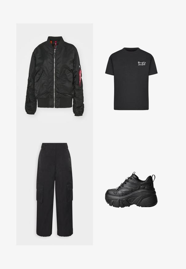 Zwarte bomberjack met een ritssluiting aan de voorkant, twee voorflapzakken, ribgebreide manchetten en onderkant, en een ritssluiting op de mouw met een rode "Remove Before Flight" tag.; Zwarte katoenen t-shirt met een ronde hals. Bevat witte tekst, waaronder Japanse karakters en "Slurp Away", op de linkerborst.; SOMETHINGNEW SNNAOMI PANT - Cargobroek - black; Zwarte platform sneakers met een gebogen vorm, gestructureerd leer, dikke rubberen zool en decoratieve hardware op de veters.