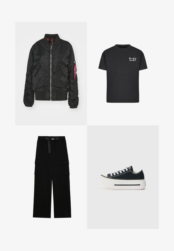 Schwarze Bomberjacke mit Frontreißverschluss, zwei vorderen Klappenentaschen, gerippten Bündchen und Saum sowie einer Reißverschlusstasche am Arm mit rotem "Remove Before Flight"-Tag.; Schwarzes Baumwoll-T-Shirt mit Rundhalsausschnitt. Mit weißem Text, einschließlich japanischer Schriftzeichen und "Slurp Away", auf der linken Brustseite.; Schwarze Cargohosen mit weitem Bein, elastischem Bund und einem Gürtel sowie zwei großen Seitentaschen für zusätzlichen Stauraum.; Schwarze Canvas-Sneaker mit einer weißen Gummisohle, die eine dicke Plateausohle, weiße Schnürsenkel und kontrastierende Nähte entlang der Nähte aufweisen.