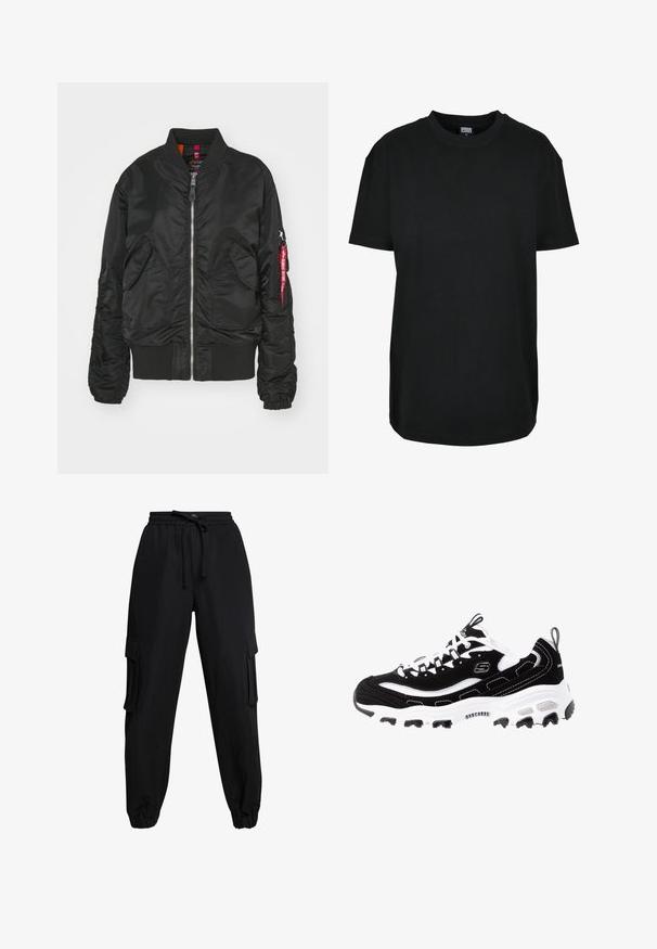 Zwarte bomberjack met een ritssluiting aan de voorkant, twee voorflapzakken, ribgebreide manchetten en onderkant, en een ritssluiting op de mouw met een rode "Remove Before Flight" tag.; Zwart T-shirt met korte mouwen en ronde hals in maat XS met "Urban Classics" label aan de binnenkant van de kraag.; Zwarte cargo-broeken van lichtgewicht stof, met een elastische tailleband, trekkoord en zijzakken. De omslag aan de enkels maakt het ontwerp compleet.; Zwart-witte sportwagen met een bovenwerk van suede, gevoerde kraag en een lichte zool. Heeft een prominent logo en contrasterende stiksels.