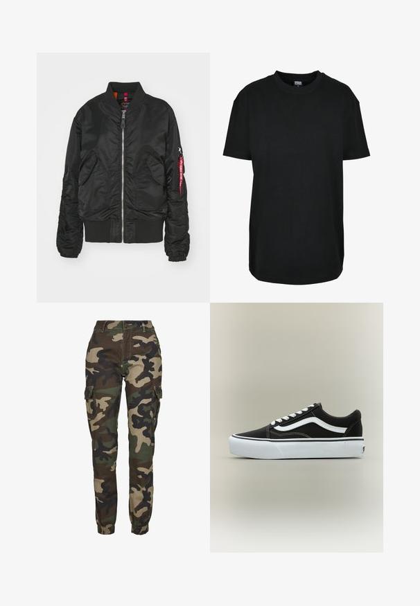Schwarze Bomberjacke mit Frontreißverschluss, zwei vorderen Klappenentaschen, gerippten Bündchen und Saum sowie einer Reißverschlusstasche am Arm mit rotem "Remove Before Flight"-Tag.; Schwarzes T-Shirt mit kurzen Ärmeln und Rundhalsausschnitt in Größe XS mit dem Etikett "Urban Classics" innen am Kragen.; Camo- Cargo-Hosen in Grüntönen, Braun und Schwarz; mit elastischen Bündchen, Seitentaschen und einem sicheren Knopfverschluss.; Niedriger schwarzer Sneaker mit weißem Seitenstreifen, weißen Schnürsenkeln, weißer Gummisohle und strukturierter Zehenkappe auf neutralem Hintergrund.