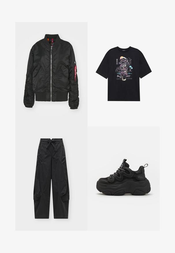 Chaqueta bomber negra con cremallera frontal, dos bolsillos de solapa en la parte delantera, puños y dobladillo acanalados, y un bolsillo en la manga con cremallera y una etiqueta roja de "Retirar antes de volar".; Camiseta negra con un gráfico colorido de un dragón, flores de cerezo, sol y montaña. El texto dice "Tokio Japón" debajo del diseño.; Pantalones cargo negros con cintura elástica con cordón, múltiples bolsillos delanteros y laterales, y piernas rectas y holgadas sobre un fondo liso.; Zapatilla negra con un diseño voluminoso, que presenta una parte superior texturizada, paneles de malla y una suela de goma gruesa. Cuerdas reflectantes y detalles de marca visibles.