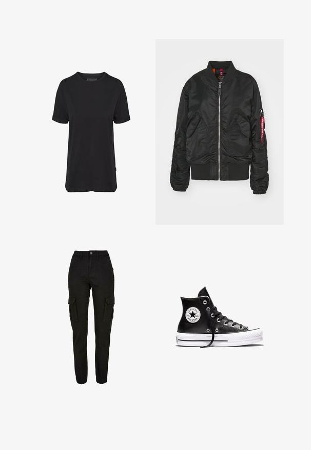 Chaqueta bomber negra con cremallera frontal, dos bolsillos de solapa en la parte delantera, puños y dobladillo acanalados, y un bolsillo en la manga con cremallera y una etiqueta roja de "Retirar antes de volar".; Camiseta de algodón negra con mangas cortas, cuello redondo y puños enrollados; presenta una sutil etiqueta de la marca en el dobladillo lateral.; Pantalones cargo negros con cintura alta, bolsillos laterales con solapa, bolsillos delanteros, trabillas para cinturón, cierre con botón y puños elásticos.; Zapatilla Converse Chuck Taylor All Star negra de caña alta con suela de goma blanca y parche con el logo en el tobillo, mostrada sobre un fondo blanco.