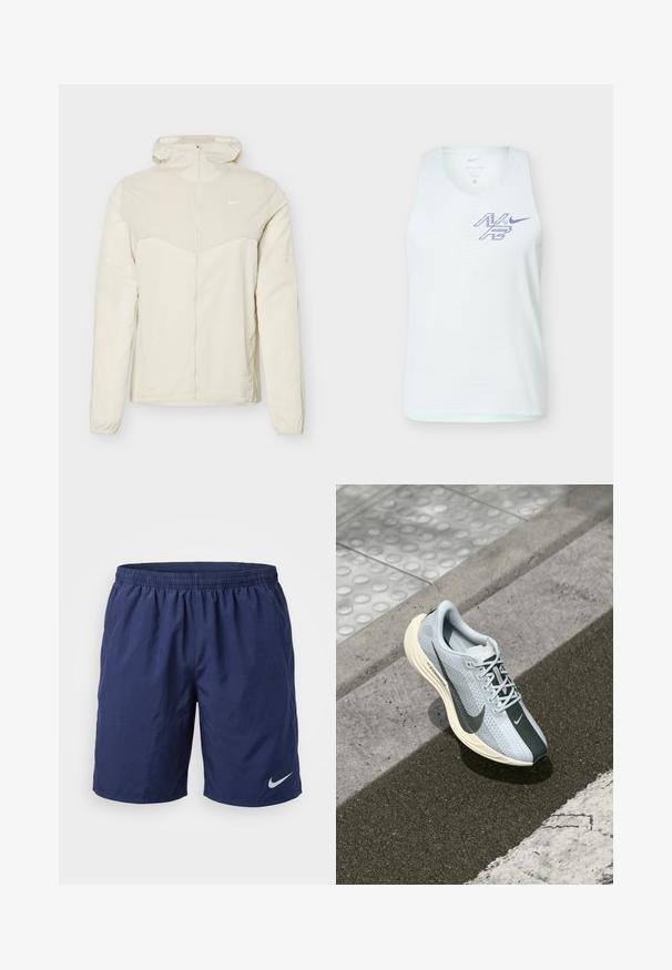 Veste à capuche beige clair avec fermeture éclair intégrale à l'avant, manches longues, et petit logo Nike blanc sur la poitrine gauche.; Haut de sport blanc sans manches en tissu perforé avec logo "N7" violet stylisé et Swoosh Nike sur la poitrine.; Short de sport bleu marine avec ceinture élastique et logo Nike blanc sur la jambe gauche.; Baskets de course bleu clair avec un accent gris, tige en mesh et semelle intermédiaire crème. Présente un logo swoosh noir bien visible et une semelle texturée.
