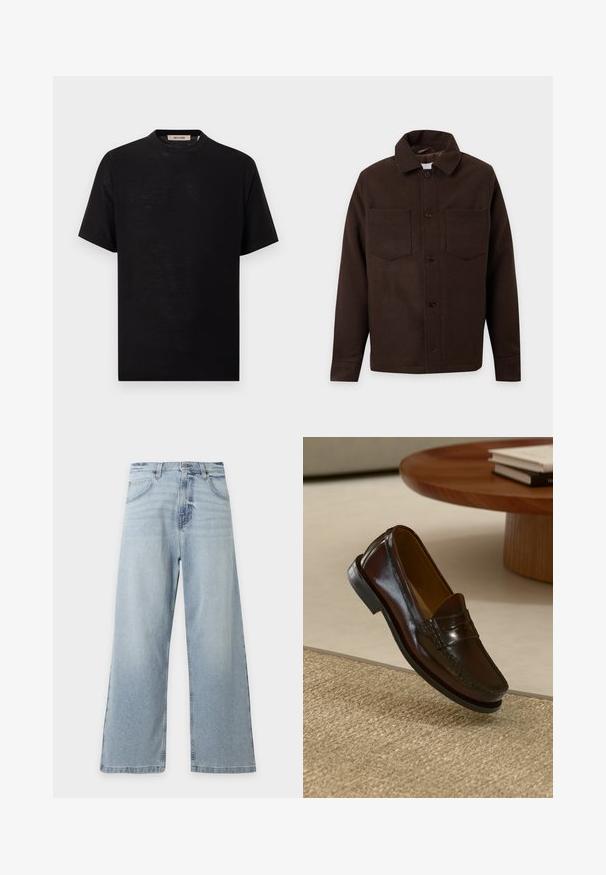 Veste marron foncé à boutons, manches longues, deux poches poitrine et col, présentée sur un fond clair uni.; T-shirt noir à manches courtes et col rond avec l'étiquette "Only & Sons" à l'intérieur du col, présenté sur un fond blanc.; Jean bleu clair à jambes larges, taille haute, bouton et fermeture éclair devant, passants de ceinture, poches et léger effet délavé à la braguette.; Mocassins en cuir marron au fini brillant, avec un détail cousu sur le devant et une semelle en caoutchouc noir à profil bas.