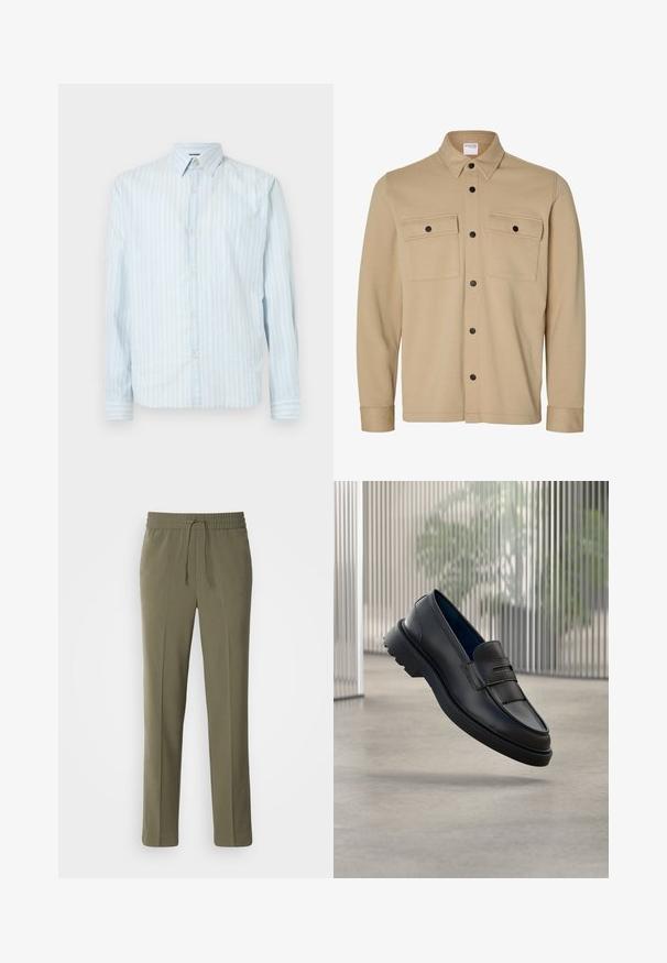Beige Hemdjacke mit langen Ärmeln, schwarzen Druckknöpfen, zwei vorderen Klappentaschen und klassischem Kragen von der Marke Selected Homme.; Hellblaues Button-up-Hemd mit weißen vertikalen Streifen, klassischem Kragen, langen Ärmeln und zwei Knopfakzenten an den Ärmeln.; Olivengrüne, leichte Hose mit elastischem Bund und verstellbarem Kordelzug; gerades Bein Design und glatte Textur.; Schwarze Leder-Loafers mit glatter Oberfläche, die einen dekorativen Riemen und eine strukturierte Frontblende sowie eine profilierte Gummisohle aufweisen.
