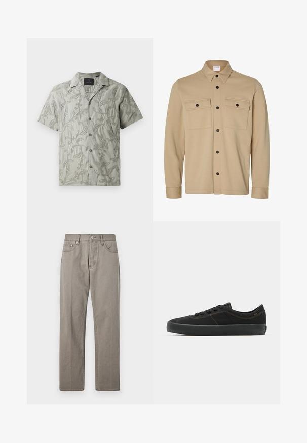 Beige Hemdjacke mit langen Ärmeln, schwarzen Druckknöpfen, zwei vorderen Klappentaschen und klassischem Kragen von der Marke Selected Homme.; Kurzärmliges, hellgraues Hemd mit gestickten Blumenmustern, einem Camp-Kragen und einer durchgehenden Knopfleiste mit grauen Knöpfen.; Graue Jeanshose mit geradem Bein, ausgestattet mit einem Knopfverschluss, Fronttaschen und dezenten Nähten. Keine Muster oder Abnutzungen.; Schwarze Sneakers mit einem glatten Textil-Obermaterial, kontrastierenden braunen Nähten, runder Zehenkappe, Schnürverschluss und einer dicken Gummisohle für bessere Traktion.