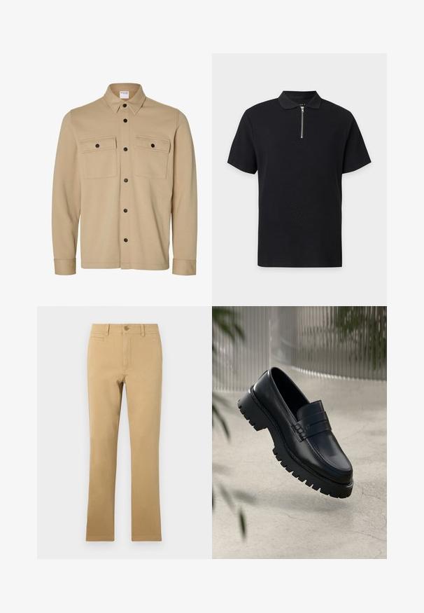 Beige langærmet skjortejakke med sorte trykknapper, to frontlommer med klap og en klassisk krave fra Selected Homme-mærket.; Sort polo t-shirt med korte ærmer, tekstureret stof og en sølv lynlås foran, der går fra kraven til brystet.; Kaki-farvede lige ben bukser lavet af bomuld, med knaplukning, forlommer og en glat overflade.; Sorte læder loafers med en chunky sål, der har en dekorativ rem og syninger. Glat tekstur med en poleret overflade.