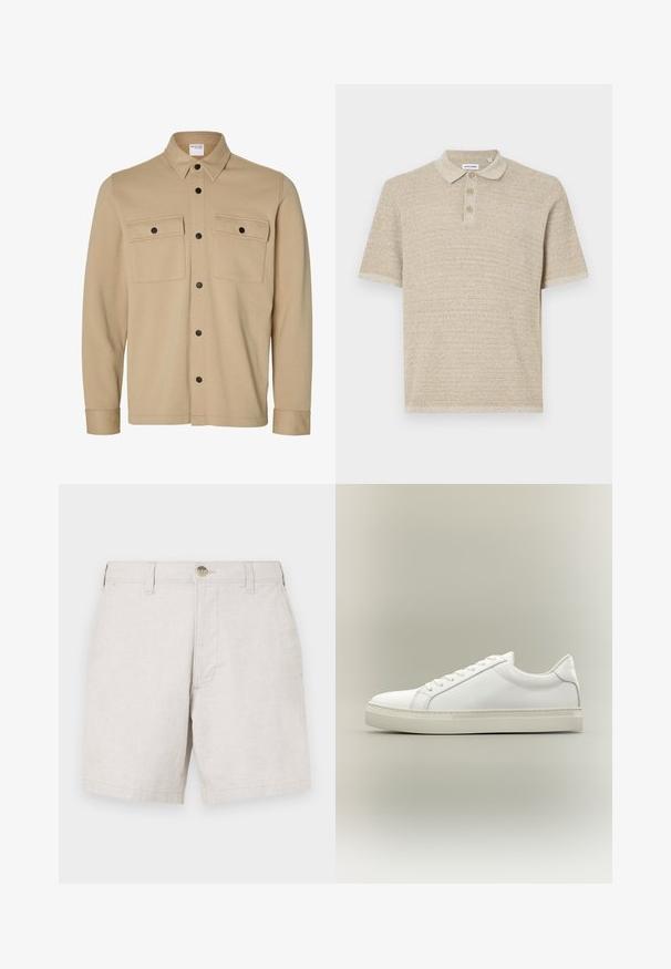 Beige overhemdjack met lange mouwen, zwarte drukknopen, twee voorzakken met klep en een klassieke kraag van het merk Selected Homme.; Beige polo shirt, korte mouwen, gestructureerde brei-stof, drie knopen sluiting, klassieke kraag, subtiel patroon, ontspannen pasvorm.; Beige linnen shorts met een rechte snit, voorzien van een frontale knoopsluiting, riemlussen en twee zijzakken. Gestructureerde stof.; Witte lage sneaker met veters aan de voorkant en dikke zool, zijaanzicht tegen een neutrale achtergrond.