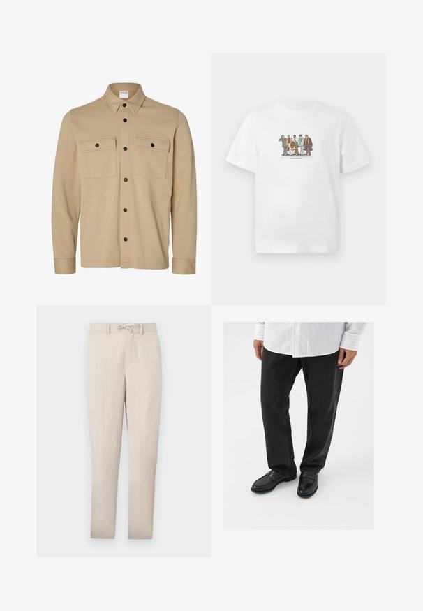 Chaqueta camisa beige de manga larga con botones a presión negros, dos bolsillos frontales con solapa y cuello clásico de la marca Selected Homme.; Camiseta blanca con ilustración de cinco hombres diversos en trajes caminando con confianza uno al lado del otro, llevando maletines y teléfonos.; Pantalones tapered ligeros en color beige con cintura ajustable, frontales lisos y mínimas arrugas. Presentan pasadores para cinturón y bolsillos laterales.; Pantalones de mezclilla negros combinados con mocasines negros brillantes. La camisa es blanca con finas rayas verticales, de mangas largas y con cuello abotonado.