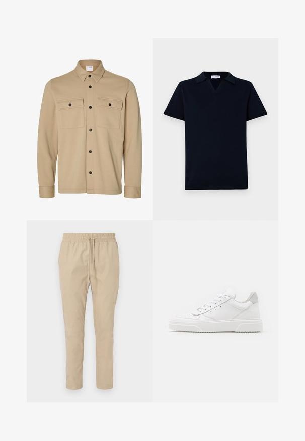 Beige Hemdjacke mit langen Ärmeln, schwarzen Druckknöpfen, zwei vorderen Klappentaschen und klassischem Kragen von der Marke Selected Homme.; Marineblaues gestricktes Poloshirt mit V-Ausschnitt, kurzen Ärmeln und flachem Kragen. Gerippter Saum und Bündchen mit glatter Textur.; Beige, leichte Hose mit elastischem Bund und Kordelzug. Gerades Beindesign, glatte Textur und keine sichtbaren Muster oder Akzente.; Weiße Leder-Sneaker mit glatter Oberfläche, rundem Zehenbereich, flachen Schnürsenkeln und strukturiertem Schuhsohlen. Graues Wildleder-Detail an der Ferse.