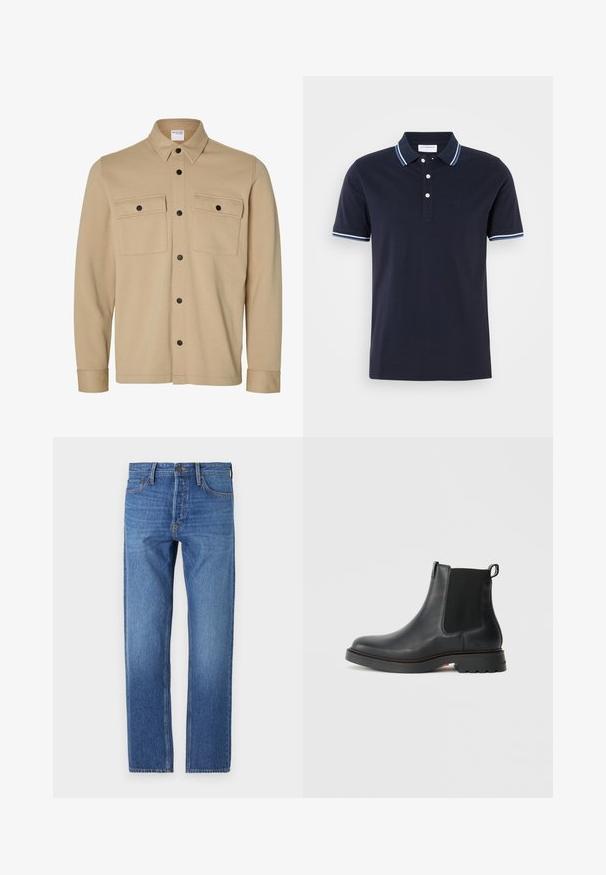 Beige Hemdjacke mit langen Ärmeln, schwarzen Druckknöpfen, zwei vorderen Klappentaschen und klassischem Kragen von der Marke Selected Homme.; Dunkelblaues Polohemd aus Baumwolle, mit einer Knopfleiste mit drei Knöpfen, einem Kragen und Ärmeln mit weißen und hellblauen Streifenakzenten.; Blaue Jeans aus Denim mit geradem Schnitt, klassischem Fünf-Taschen-Design, kupferfarbener Naht und einem ausgewaschenen Finish für einen eingelaufenen Look.; Schwarze Leder-Chelsea-Boots mit elastischen Seiteneinsätzen, runder Spitze, strukturiertem Gummisohle und einer Zuglasche hinten für einfaches Anziehen.