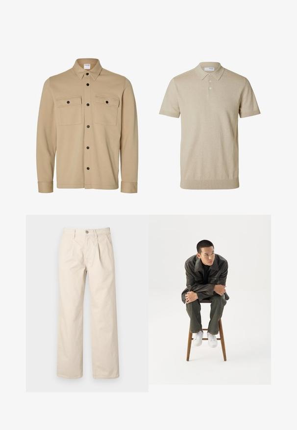 Beige langærmet skjortejakke med sorte trykknapper, to frontlommer med klap og en klassisk krave fra Selected Homme-mærket.; Beige kortærmet polo med krave og tre knapper, ribkant ved ærmer og nederkant, ensfarvet strikstof.; Beige brede bukser med høj talje, der har folder foran, en knappelukning foran og et glat bomuldsstof.; Ung mand i mørk læderjakke og jeans sidder på en træskammel, læner sig fremad med armene krydset og kigger til siden mod hvid baggrund.