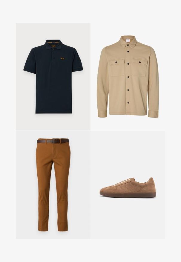 Beige overhemdjack met lange mouwen, zwarte drukknopen, twee voorzakken met klep en een klassieke kraag van het merk Selected Homme.; Donkerblauw poloshirt met korte mouwen, drie knopen, kraag en klein oranje PME Legend-logo op de linkerborst.; Bruine katoenen broek met een slim fit, voorzien van een bruine leren riem en subtiele stikdetails. Glad materiaal en op maat gemaakte vorm.; Laagbruine suède sneaker met beige veters en een donkerbruine rubberen zool, zijaanzicht op een effen achtergrond.