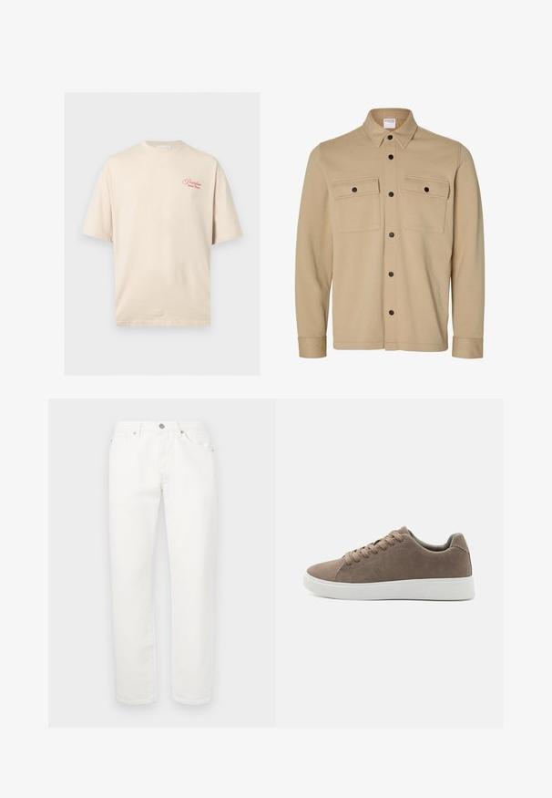 Veste-chemise beige manches longues avec boutons-pression noirs, deux poches avant à rabat et un col classique de la marque Selected Homme.; T-shirt beige à manches courtes avec texte rouge « Portofino Dolce Mare » sur la partie supérieure gauche de la poitrine, col rond et coupe décontractée.; Pantalon en denim blanc avec une coupe droite. Il comporte une disposition traditionnelle à cinq poches, une fermeture à bouton métallique et une légère texture.; Baskets en daim marron avec des semelles en caoutchouc blanc plat, design lacé, bout rond et texture lisse. Style minimaliste avec des détails de couture subtils.