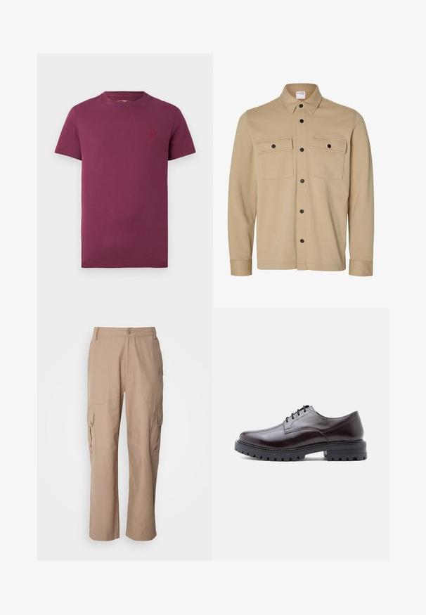 Beige Hemdjacke mit langen Ärmeln, schwarzen Druckknöpfen, zwei vorderen Klappentaschen und klassischem Kragen von der Marke Selected Homme.; Burgunderfarbenes T-Shirt mit kurzen Ärmeln aus Baumwolle, mit Rundhalsausschnitt und einem kleinen gestickten Logo auf der linken Brust. Glatte Textur.; Khakifarbene Cargo-Hosen aus leichtem Stoff mit zwei seitlichen Taschen, einem Knopfverschluss und einer geraden Beinform.; Glänzender dunkelburgunderfarbener Lederschuh mit runder Spitze, Schnürdesign und robustem schwarzen Boden mit auffälligen Profilen für besseren Halt.