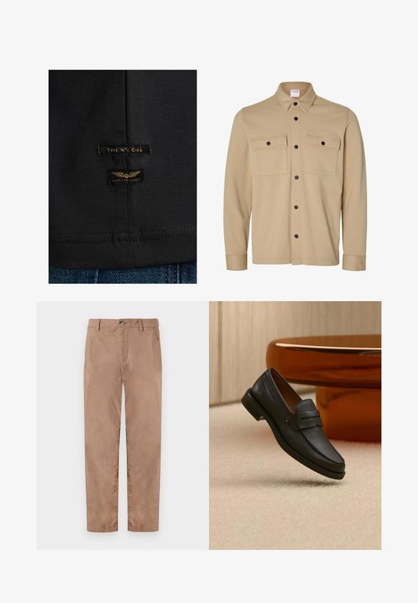 Beige langærmet skjortejakke med sorte trykknapper, to frontlommer med klap og en klassisk krave fra Selected Homme-mærket.; Sort bomulds t-shirt med to labels: "TYPE N°: C-46" og "AMERICAN CLASSIC," med guld tekst og vinge grafik. Syet kantdetalje.; TOM TAILOR REGULAR WASHED - Chino - caribou beige; Sort læder herreloafer med bånd tværs over toppen, vist på beige tæppe nær et brunt moderne rundt bord.