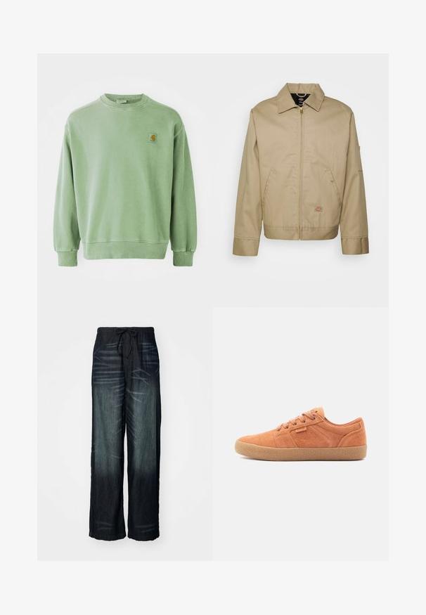 Vaale beige puuvillatakki, jossa on vetskari, pistemallinen kaulus, sivutaskut ja logopatchi. Ominaisuuksiin kuuluu jäntevä siluetti ja helma.; Vaaleanvihreä puuvillaneule, jossa on pyöreä kaula-aukko, joustavat hihansuut ja pieni logopatch vasemmassa rinnassa. Pehmeä rakenne.; Löysät farkut tummasta denimistä, jossa on asteittainen haalistuminen. Varustettu joustavalla vyötäröllä, jossa on nauhakuja. Sujuva rakenne, jossa on hienovaraisia kulumajälkiä.; Kahve süet spor ayakkabılar, dokulu yüzeye, yuvarlak buruna ve kauçuk tabana sahiptir. Bağcıklı tasarımı ve yanlarda dikişli detayları bulunmaktadır.