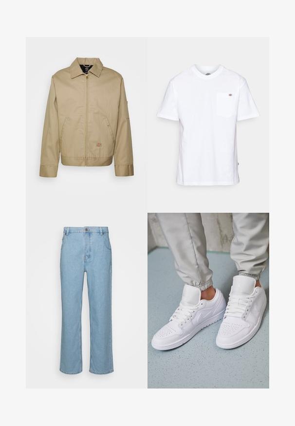 Beige bomuldsjakke med lynlås, spidse kraver, sidelommer og logo patch. Den har en struktureret silhuet og kant.; Hvid bomulds t-shirt med rund halsudskæring, korte ærmer og en brystlomme med et lille mærke-logo på venstre side.; Lysblå denim jeans med lige ben design, der har knaplukning, bæltestropper og to forlommer.; Hvide lædersneakers har en perforeret tåboks, flade snørebånd, polstret krave og Jordan-logoet på tungen. Båret med grå joggers.