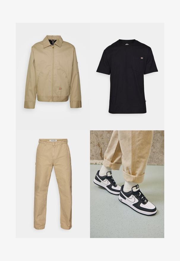 Beige bomuldsjakke med lynlås, spidse kraver, sidelommer og logo patch. Den har en struktureret silhuet og kant.; Sort bomulds T-shirt med klassisk rund hals, kortærmede, frontlomme på brystet og et logo-patch nær lomme-sømmen. Blød tekstur.; Beige, lette bomuldsbukser med lige ben-design, der har en knaplukning og en subtil tekstur. Lacoste-logo på taljen.; Sorte og hvide Nike Air Force 1 sneakers med læderoverdel, perforeret tå og tekstureret såldetalje, båret med rullede beige bukser og hvide sokker.
