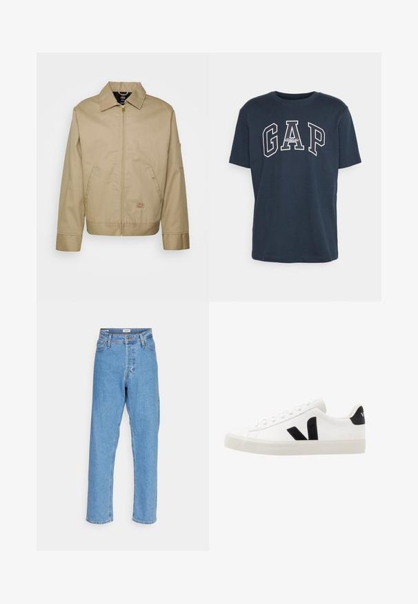 Beige bomuldsjakke med lynlås, spidse kraver, sidelommer og logo patch. Den har en struktureret silhuet og kant.; GAP ARCHIVE LOGO - T-shirts print - night shadow; Lyseblå højtaljede lige ben jeans med knap foran, lynlåslukning, bæltestropper og fem-lomme design på hvid baggrund.; Hvide lædersneakers med sorte ruskindsdetaljer; har en gummisål, rund tå og klassisk snørebåndsdesign. Side logo i sort.
