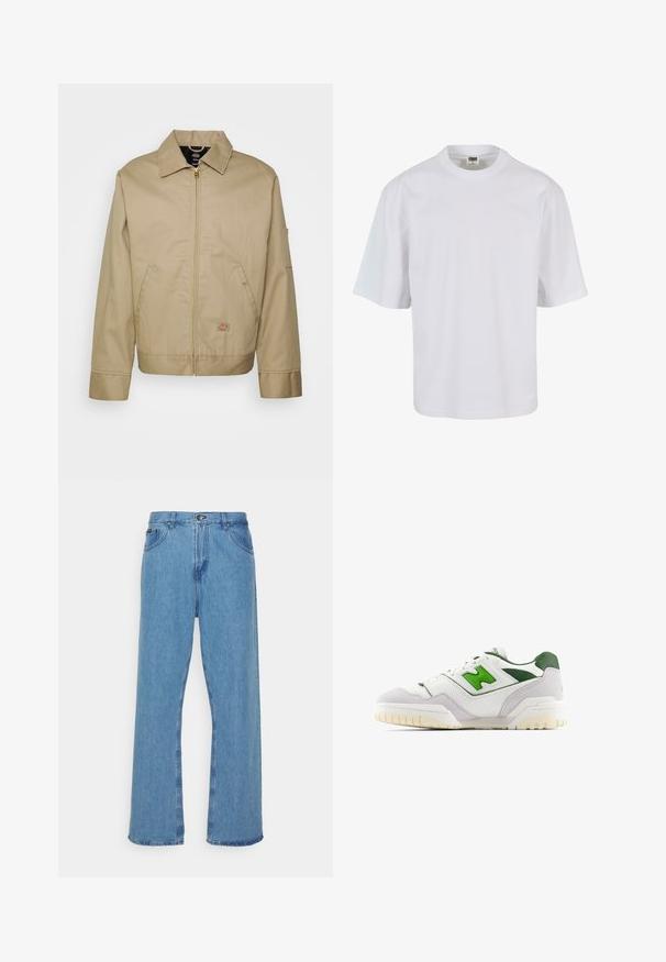 Chaqueta de algodón beige con cierre de cremallera, cuello con puntas, bolsillos laterales y parche de logo. Presenta una silueta estructurada y un dobladillo definido.; Camiseta blanca de manga corta hecha de algodón. Presenta un cuello redondo y un corte holgado con una textura suave y sin patrones ni gráficos visibles.; Vaqueros anchos de mezclilla azul claro con una cintura alta, que cuentan con un cierre de botón y cremallera, cinco bolsillos y dobladillos deshilachados.; Zapatilla blanca con acentos verdes, hecha de cuero y ante. Presenta un upper texturizado, collar acolchado y una suela de goma con tacos visibles.