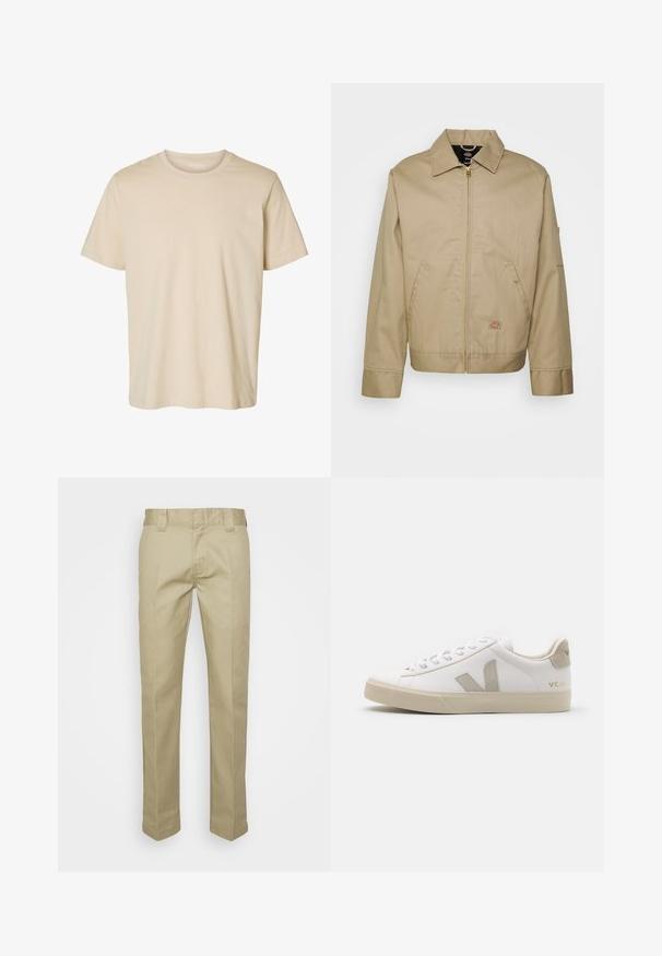 Beige bomuldsjakke med lynlås, spidse kraver, sidelommer og logo patch. Den har en struktureret silhuet og kant.; Beige T-shirt med korte ærmer og rund hals med ensfarvet design, lavet af blødt stof.; Beige bukser lavet af et glat stof, med et lige ben-design, bæltestropper og forkantfolder for et skræddersyet udseende.; Hvide lædersneakers med beige detaljer, flad gummisål, rund tå og kontrasterende logo på siden og bagsiden. Snørebåndsdesign.