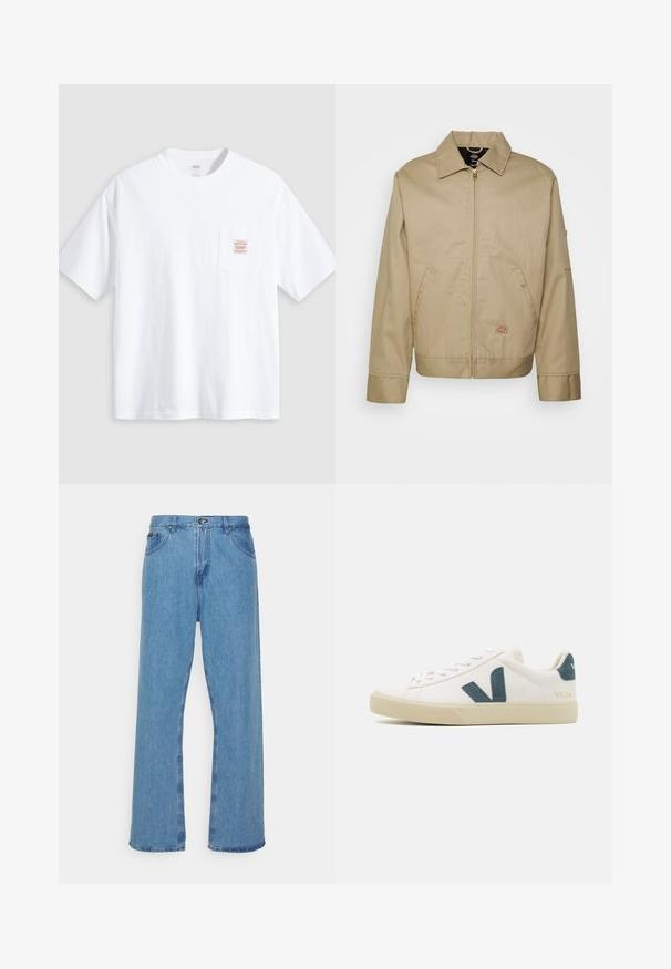 Beige bomuldsjakke med lynlås, spidse kraver, sidelommer og logo patch. Den har en struktureret silhuet og kant.; Hvid T-shirt med korte ærmer og rund hals med en lille lomme på brystet med en beige og rød rektangulær label.; Lysblå denim bred ben jeans med høj talje, der har knap- og lynlåslukning, fem lommer og frynset kant.; Hvide lædersneakers med et teal suede-logo, rund tå, snørebåndsdesign og gummisål med struktureret detaljering. Mærkenavnet "VEJA" i guld.