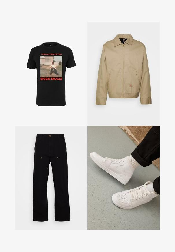Beige bomuldsjakke med lynlås, spidse kraver, sidelommer og logo patch. Den har en struktureret silhuet og kant.; Sort bomulds T-shirt med et vintage billede og rød tekst, der står "I GOT A STORY TO TELL BIGGIE SMALLS" under billedet.; Sorte denimbukser med lige ben, udstyret med guld hardware-detaljer og synlige syninger på for- og baglommer.; Hvide høj-top sneakers lavet af glat læder med perforeret tå, snørelukning og subtil logo detaljer på siden. Tekstureret gummisål.