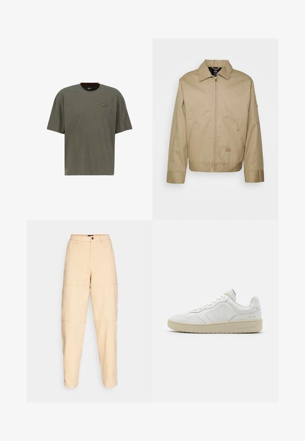 Beige bomuldsjakke med lynlås, spidse kraver, sidelommer og logo patch. Den har en struktureret silhuet og kant.; Olivengrøn kortærmet T-shirt lavet af bomuld, med en rund halsudskæring og et lille guldbroderet logo på venstre bryst.; Beige, høj talje bukser lavet af bomuld. Har lommer, knaplukning og markante panel sømme ved knæene. Lige ben-design.; Hvide lædersneakers med struktureret overflade og polstret krave. Har en beige gummisål og diskret branding på hælen og siden.