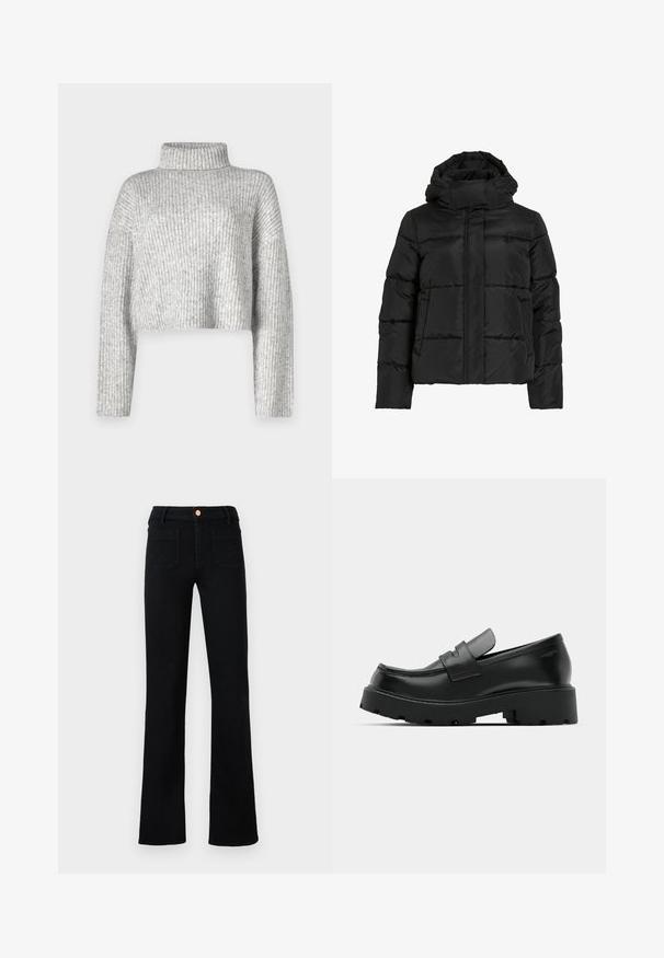 Sort dunjakke med høj krave, vandret quiltet mønster og lynlås foran. Har lommer og en let cropped pasform.; Grå cropped sweater lavet af ribstrikket stof, der har en høj krave og lange ærmer, med en blød tekstur og subtil farvevariation.; Sorte højtaljede lige ben jeans med frontlomme og kobberknaplukning på en neutral baggrund.; Sorte læder loafers med en chunky tekstureret sål, der har en rem over vamps og en glat, poleret finish.