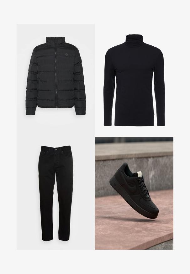 Schwarze Pufferjacke mit Stehkragen, Reißverschluss, horizontalem Steppmuster und einem kleinen runden Logo auf der linken Brust.; Schwarzes Langarm-Turtleneck-Shirt aus weichem, dehnbaren Stoff. Verfügt über ein tailliertes Design und eine glatte Textur. Keine sichtbaren Muster oder Akzente.; Schwarze Slim-Fit-Jeans mit vorderem Knopfverschluss und fünf Taschen-Design, vor einem schlichten hellgrauen Hintergrund präsentiert.; Schwarzer Nike Air Force 1 Sneaker, der über einer rosa Betonkante mit grauem Stein-Hintergrund schwebt und Seiten- sowie Oberseiten-Details zeigt.