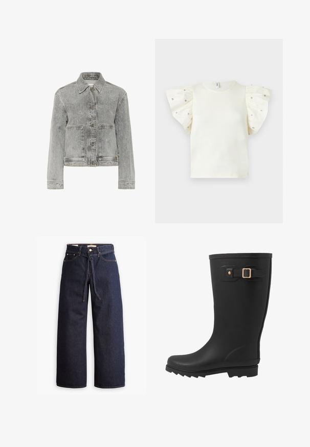 Grijze denimjack met een kraag, knoopsluiting aan de voorkant, twee grote zakken en zichtbare stikseldetails. Klassiek ontwerp met een licht vervaagde textuur.; Witte top met korte mouwen met opgeblazen mouwen, versierd met kleine glanzende studs, ronde halslijn en effen body.; Wijd pijpjes donkerblauwe denim jeans met een hoge taille, voorzien van een trekkoord, vijf zakken en contrasterende stiksels.; Zwarte rubberen regenlaars met een ronde neus, een gestructureerde zool en een zijklepdetail met een gouden gespaccents.