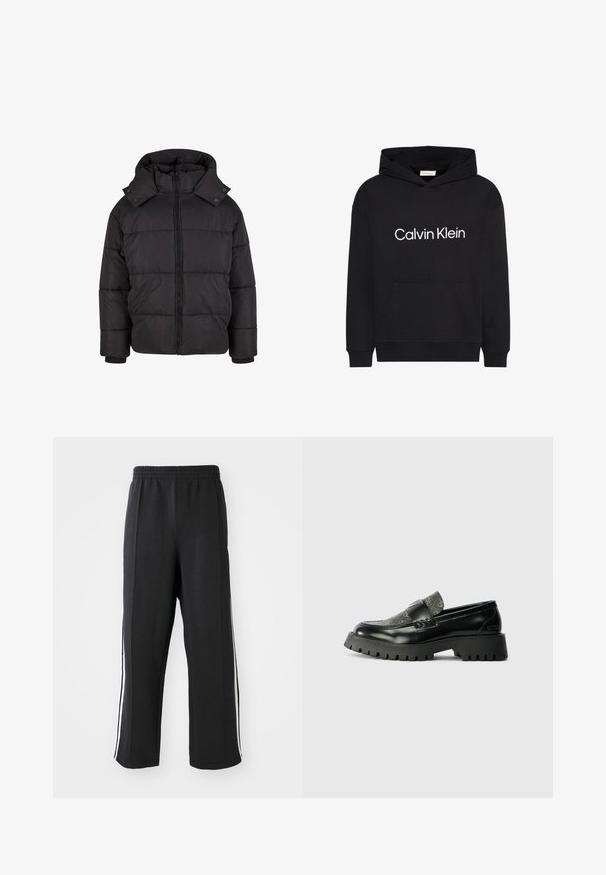 Musta toppatakki, jossa on korkea kaulus, etuvetoketju ja nepparit. Ominaisuuksiin kuuluu tikattu muotoilu ja ribbauskudot lämpimyyden takaamiseksi.; Musta huppari etutaskulla ja valkoisella "Calvin Klein" -logolla rinnassa keskellä, jossa kiristysnauhallinen huppu ja pitkät hihat.; Mustat hupparit, joissa on joustava vyötärö, valkoisilla sivuraidoilla ja rento istuvuus. Valmistettu pehmeästä, venyvästä kankaasta.; Mustat nahka loaferit, joissa on teksturoitu harmaa päällinen painettujen kuviolla, paksu kumipohja ja pieni kanta. Metalliset yksityiskohdat näkyvissä.