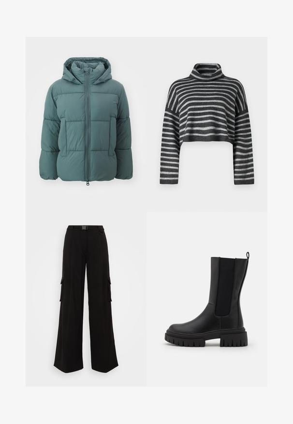 Puffjakke i dæmpet grøn med lynlås fortil, hætte og to store forlommer. Materialet ser blødt ud med en quiltet tekstur.; Afklippet højhalset sweater i grå og sorte striber. Blød struktur med lange ærmer og en løs pasform. Letstrikket materiale.; Sorte cargo-bukser med brede ben, sidelommer, tekstureret stof, en tætsiddende talje og et bælte til justerbar pasform. Rent, moderne design.; Sort ankelstøvle lavet af læder med en tekstureret overflade, elastiske sidelæg og en tykkere, rillede sål for ekstra greb.