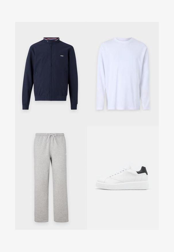 Marineblauwe lichtgewicht ritsjack met een hoge kraag, elastische manchet, twee zijzakken en contrasterende rode en blauwe gestreepte accenten.; Witte longsleeve t-shirt gemaakt van zachte katoen, met een ronde hals en subtiele stikdetails over de voorkant en de schouders.; Grijze joggingbroek met een elastische tailleband en trekkoord. Gemaakt van zachte stof, met rechte pijpen en subtiel logodetail.; Witte leren sneaker met een zwarte haklip, platte veters, gestructureerde tussenzool en branding aan de buitenzijde. Ontworpen voor casual gebruik.