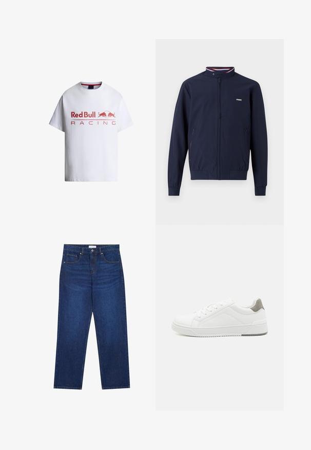 Marineblaue, leichte Zip-Jacke mit hohem Kragen, elastischen Bündchen, zwei Seitentaschen und kontrastierenden rot-blauen Streifenakzenten.; Weißes T-Shirt mit kurzen Ärmeln mit rotem "Red Bull Racing" Text und zwei roten Stieren, die sich auf dem vorderen runden Logo gegenüberstehen.; Dunkelblaue Denim-Jeans mit geradem Bein, ausgestattet mit einem Knopf- und Reißverschluss, fünf Taschen und sichtbaren Nähten.; Weißer Sneaker aus glattem Leder, runde Zehenpartie, minimalistisches Design, graue Fersenkante und strukturierte Gummisohle.