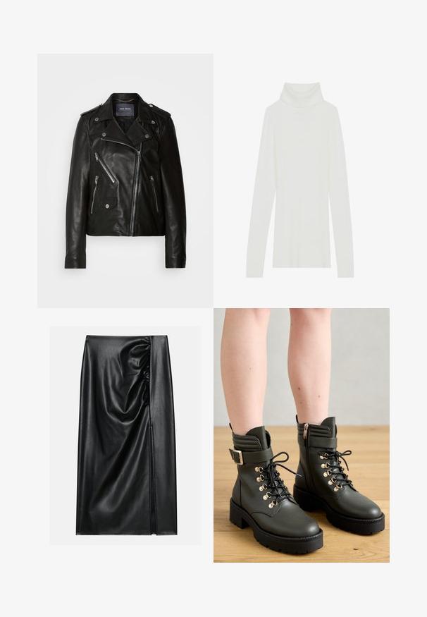 Schwarze Leder-Bikerjacke mit asymmetrischem Reißverschluss, silbernen Beschlägen und mehreren Reißverschlusstaschen. Mit Reverskragen und Schulterklappen.; Weißer, gerippter Rollkragenpullover mit langen Ärmeln, weichem Material und hohem Rollkragen. Hat ein tailliertes Design und keine sichtbaren Verschlüsse.; Schwarzer Lederrock mit glatter Textur, der auf einer Seite einen gerafften Abschnitt und einen seitlichen Schlitz für zusätzlichen Detailreichtum aufweist.; Dunkelgrüne Stiefeletten aus glattem Leder mit Schnürsenkeln, goldfarbenen Ösen und einem seitlichen Reißverschluss, ausgestattet mit einer klobigen, schwarzen Profilsohle.