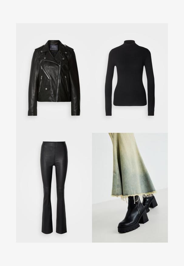 Sort læder motorcykeljakke med asymmetrisk lynlås, sølvhardware og flere lynlåslommer. Har reverskrave og skulderepauleter.; Sort turtleneck sweater lavet af let strikket stof. Har lange ærmer, et tætsiddende design og en blød ribbet tekstur.; Sorte flagrende bukser lavet af glat, kunstlæder med høj talje og syninger over knæet.; Sorte læder ankelstøvler med en chunky struktureret sål, parret med en falmet denimnederdel med flossede kanter. Lynlåsdetaile på siden.