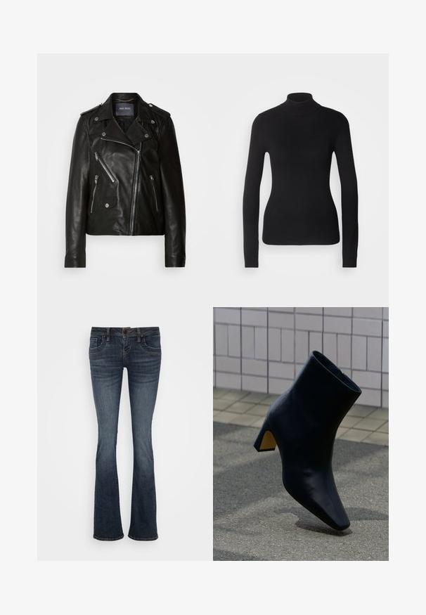 Schwarze Leder-Bikerjacke mit asymmetrischem Reißverschluss, silbernen Beschlägen und mehreren Reißverschlusstaschen. Mit Reverskragen und Schulterklappen.; Schwarzer Rollkragenpullover aus leichtem Strickgewebe. Mit langen Ärmeln, taillierter Passform und weichem Ripptextil.; Dunkelblaue ausgestellte Jeans mit mittelhohem Bund, fünf Taschen und subtilen Stichakzenten. Hergestellt aus Denim mit glatter Textur.; Schwarzer Lederknöchelstiefel mit Blockabsatz, der auf grauem Pflaster vor einer hell gekachelten Wand steht.