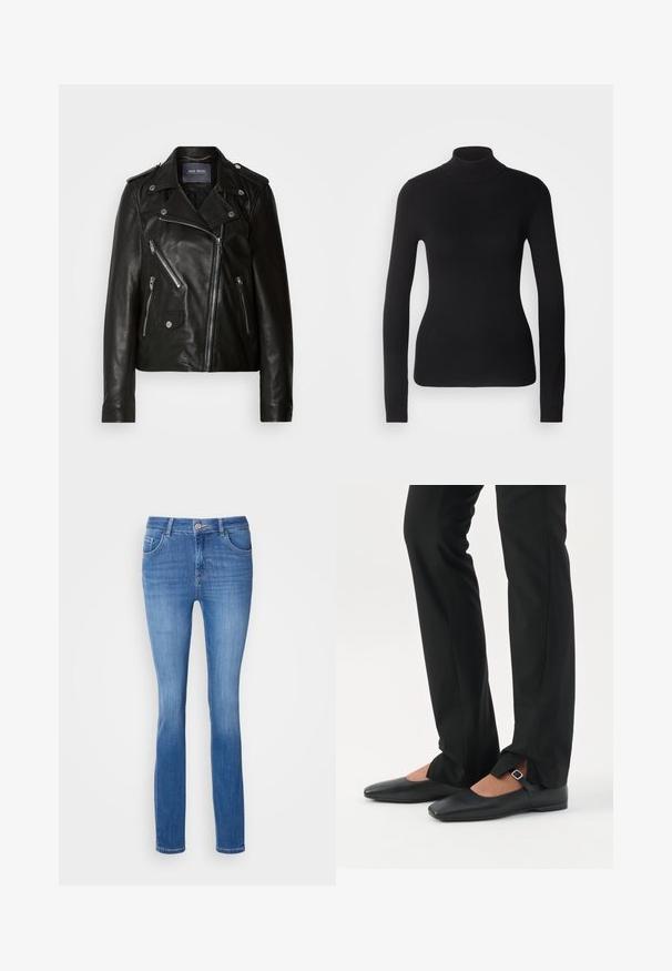Veste de biker en cuir noir avec fermeture éclair asymétrique, quincaillerie argentée et plusieurs poches zippées. Présente un col à revers et des épaulettes.; Pull à col roulé noir en maille légère. Il possède des manches longues, une coupe ajustée et une texture côtelée douce.; Jean en denim bleu avec une coupe slim, cinq poches et un motif légèrement délavé. Fabriqué à partir d'un tissu doux et extensible, avec une fermeture à bouton standard.; Jambes vêtues d’un pantalon slim noir avec des fentes à l’avant de l’ourlet, assorties à des chaussures plates Mary Jane noires avec une petite bride à boucle.