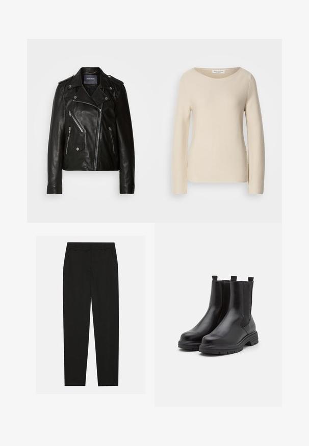 Veste de biker en cuir noir avec fermeture éclair asymétrique, quincaillerie argentée et plusieurs poches zippées. Présente un col à revers et des épaulettes.; Pull en tricot beige avec des manches longues, un col arrondi et une texture lisse. Étiquette visible au niveau du cou, avec des détails en bord-côtes légers.; Pantalon noir au design ajusté, doté de poches latérales et d'une jambe droite. Fabriqué en tissu lisse et léger avec une finition élégante.; Bottes de cheville en cuir noir avec panneaux élastiques sur les côtés, bout arrondi et semelle en caoutchouc épaisse. Équipées de languettes pour un enfilage facile.
