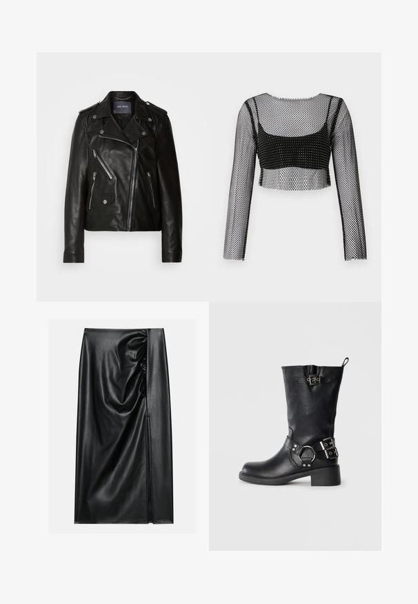 Zwarte leren motorjack met asymmetrische ritssluiting, zilveren hardware en meerdere ritszakken. Bevat een reverskraag en schouderepauletten.; Zwart, mesh crop top met lange mouwen, featuring een visnetontwerp en een solide zwarte onderlaag. De randen zijn raw en lichtjes rafelig.; Zwarte leren rok met een soepele textuur, voorzien van een geplooid gedeelte aan één kant en een zijspleet voor extra detail.; Zwarte leren kniehoog laars met een ronde neus, een lage hak, zijgespen als accent en een treklus achteraan.