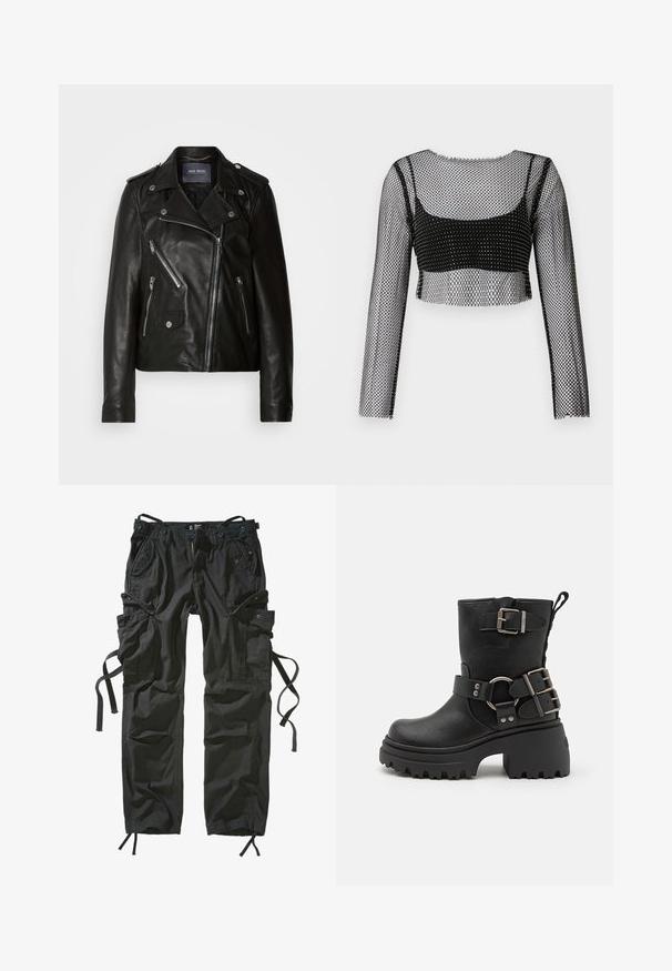 Sort læder motorcykeljakke med asymmetrisk lynlås, sølvhardware og flere lynlåslommer. Har reverskrave og skulderepauleter.; Sort mesh crop-top med lange ærmer, med et fiskenet-design og et solidt sort underlag. Kanterne er rå og let frynset.; Sorte cargo-bukser lavet af letvægtsstof, med flere lommer, snore i siderne og en afslappet pasform med forstærkede syninger.; Sort læder ankelstøvle med en kraftig sål, spænde- og remdetaljer samt en tekstureret overflade. Har en hælrem for nem påklædning.