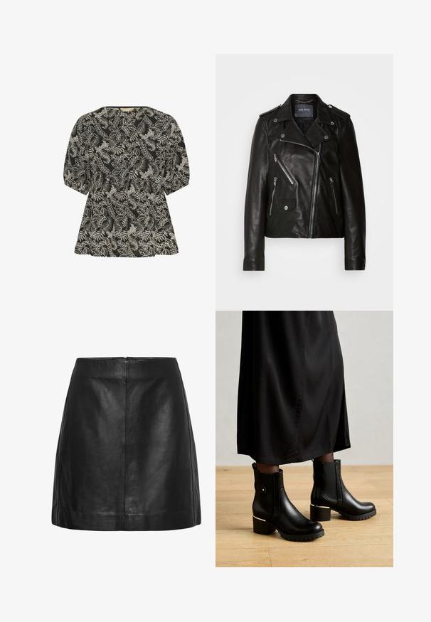 Schwarze Leder-Bikerjacke mit asymmetrischem Reißverschluss, silbernen Beschlägen und mehreren Reißverschlusstaschen. Mit Reverskragen und Schulterklappen.; Culture CUBroderie - Bluse - black whitecap; Schwarzer Leder-Minirock in A-Linie mit zentraler Naht und dezenten Saumdetails, gezeigt vor weißem Hintergrund.; Schwarze Leder-Stiefeletten mit einem klobigen Absatz, goldenen Hardware-Details, strukturierten Sohlen und elastischen seitlichen Einsätzen, kombiniert mit einem schwarzen Rock.