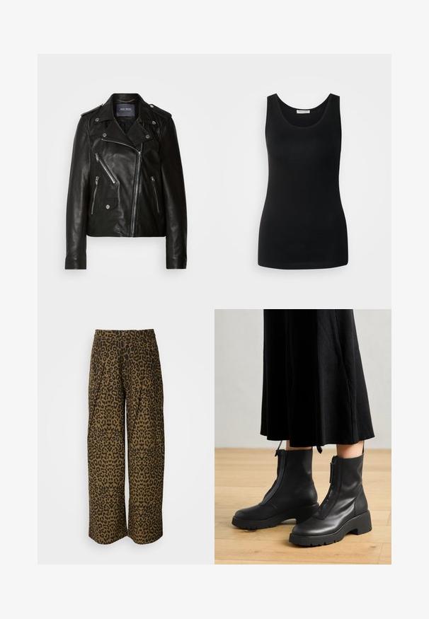 Schwarze Leder-Bikerjacke mit asymmetrischem Reißverschluss, silbernen Beschlägen und mehreren Reißverschlusstaschen. Mit Reverskragen und Schulterklappen.; Schwarzes ärmelloses Tanktop, aus glattem Stoff, mit klassischem Rundhalsausschnitt und tailliertem Schnitt. Keine Muster oder Akzente.; Weite Hosen in einem braun-schwarzen Leopardenmuster. Mit hohem Bund und gefaltetem Design. Weicher Stoff mit glatter Textur.; Schwarze Lederstiefeletten mit einer dicken Plattformsohle und einem Reißverschluss vorne. Glatte Textur mit einem minimalistischen Design.