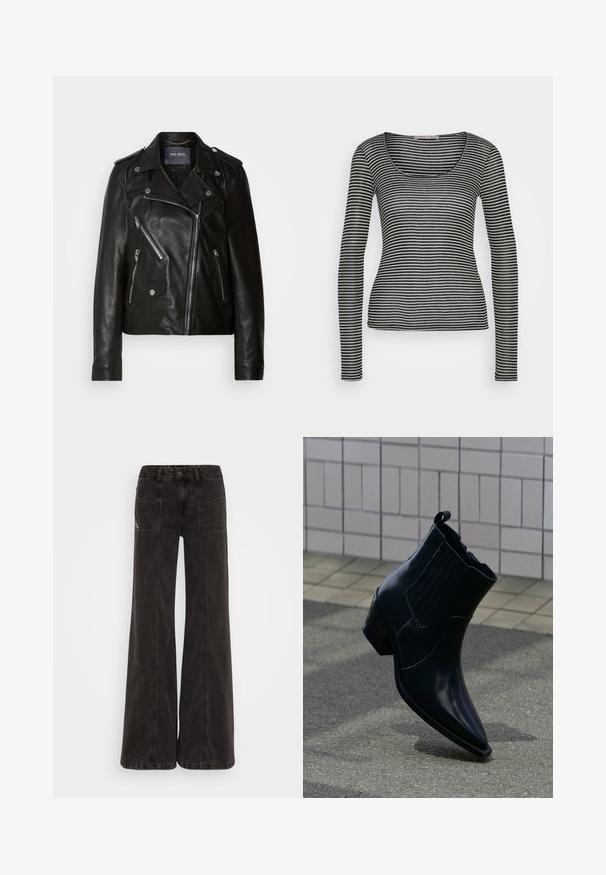 Schwarze Leder-Bikerjacke mit asymmetrischem Reißverschluss, silbernen Beschlägen und mehreren Reißverschlusstaschen. Mit Reverskragen und Schulterklappen.; Anna Field by Zalando Langarmshirt - black/beige; Schwarze weit geschnittene Jeans aus Denim, mit hoher Taille, frontalen Taschen und tonal abgesteppten Nähten.; Glänzender schwarzer Leder-Stiefelette mit Blockabsatz, elastischen Seitenpaneelen und Zuglasche, aufrecht stehend auf strukturiertem Pflaster in der Nähe einer gefliesten Wand.