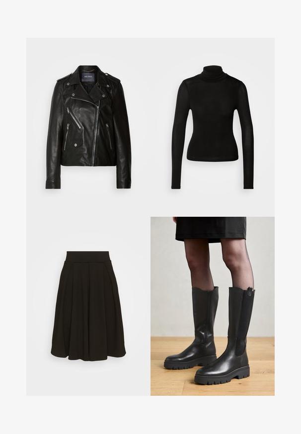 Veste de biker en cuir noir avec fermeture éclair asymétrique, quincaillerie argentée et plusieurs poches zippées. Présente un col à revers et des épaulettes.; Haut à col roulé noir fabriqué en matériau léger et extensible. Il présente des manches longues et une silhouette ajustée sans coutures visibles.; Jupe plissée noire avec une large ceinture élastique. Fabriquée dans un tissu doux, elle présente un ourlet à mi-genoux et une texture lisse.; Bottes noires jusqu'au genou avec un extérieur en cuir lisse, des panneaux latéraux en élasthanne et une semelle en caoutchouc épaisse avec un motif de semelle texturé.